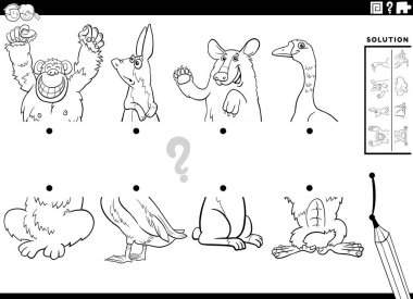 Black and white cartoon illustration of educational task of matching halves of pictures with comic animal characters coloring page