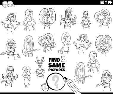 Black and white cartoon illustration of finding two same pictures educational game with comic women characters coloring page