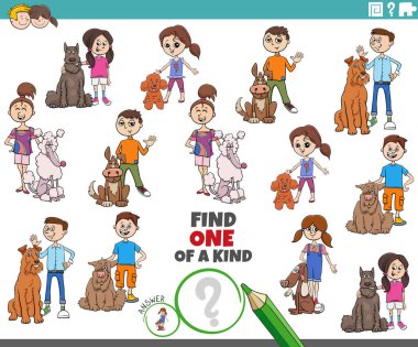 Cartoon illustration of find one of a kind picture educational game with children and their dogs