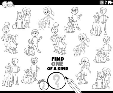 Black and white cartoon illustration of find one of a kind picture educational game with children and their dogs coloring page