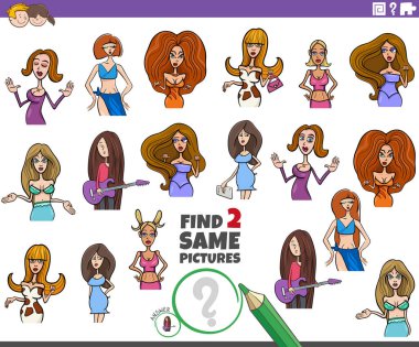 Cartoon illustration of finding two same pictures educational game with comic women characters