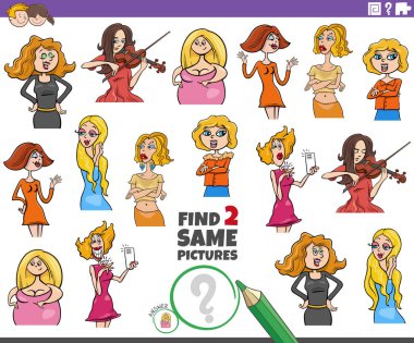 Cartoon illustration of finding two same pictures educational task with comic woman characters