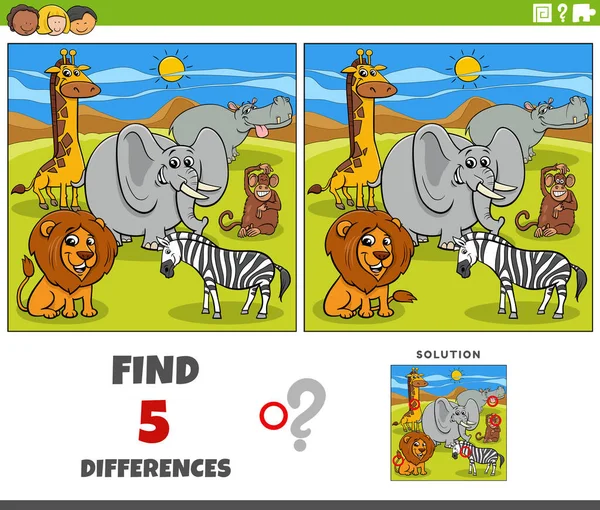 Cartoon Illustration Finding Differences Pictures Educational Game Wild Animal Characters — Stockvektor
