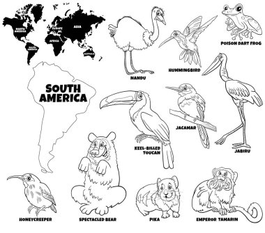 Black and white educational cartoon illustration of South American animal species characters set and world map with continents shapes coloring page