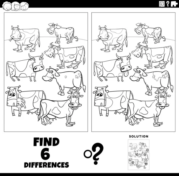 Black White Cartoon Illustration Finding Differences Pictures Educational Game Cows — Wektor stockowy