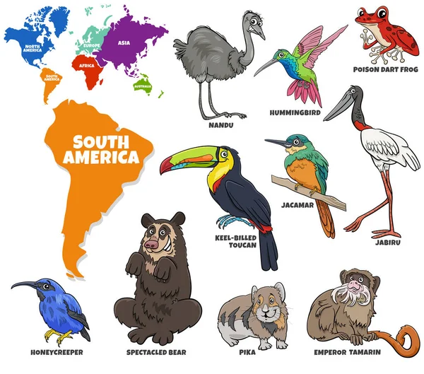 Educational cartoon illustration of South American animal species characters set and world map with continents shapes
