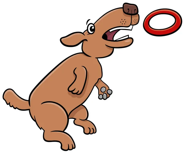 Мультяшна Ілюстрація Смішної Собаки Стрибає Ловить Іграшку Кільцевого Кидка — стоковий вектор