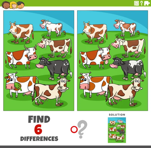 Cartoon Illustration Finding Differences Pictures Educational Game Cows Farm Animal — Vector de stock