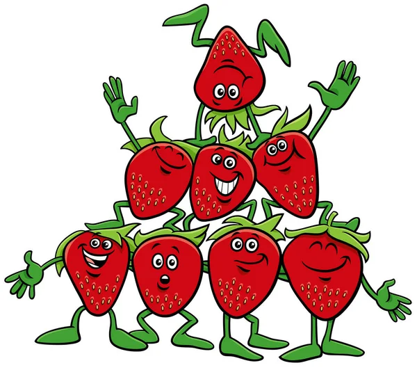 Cartoon Illustration Happy Strawberries Wild Strawberries Comic Characters Group — 스톡 벡터