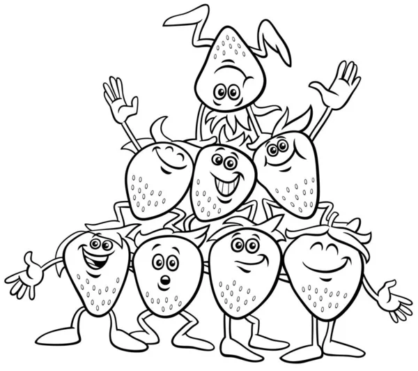 Black White Cartoon Illustration Happy Strawberries Wild Strawberries Comic Characters — Image vectorielle