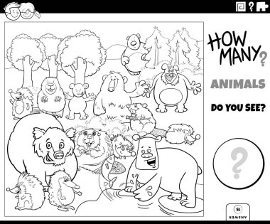 Black and white illustration of educational counting game for children with cartoon wild animal characters group coloring page