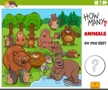 Illustration of educational counting game with cartoon wild animal characters group
