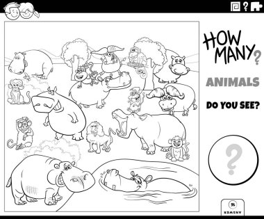 Black and white illustration of educational counting task with cartoon wild animal characters group coloring page