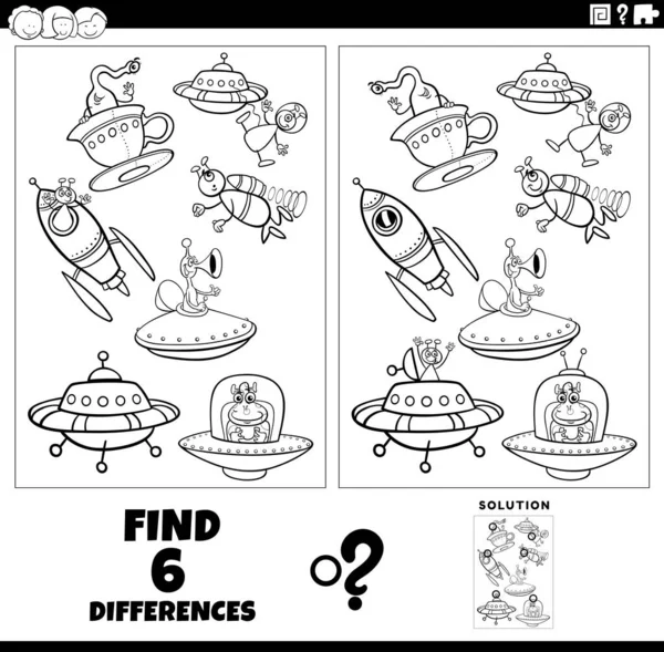 Black White Cartoon Illustration Finding Differences Pictures Educational Game Fantasy — Vetor de Stock