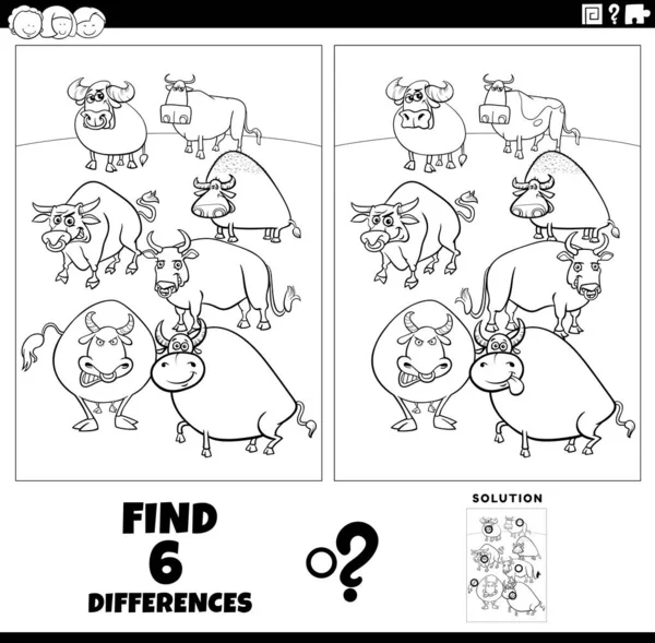 Black White Cartoon Illustration Finding Differences Pictures Educational Game Bulls — Stok Vektör