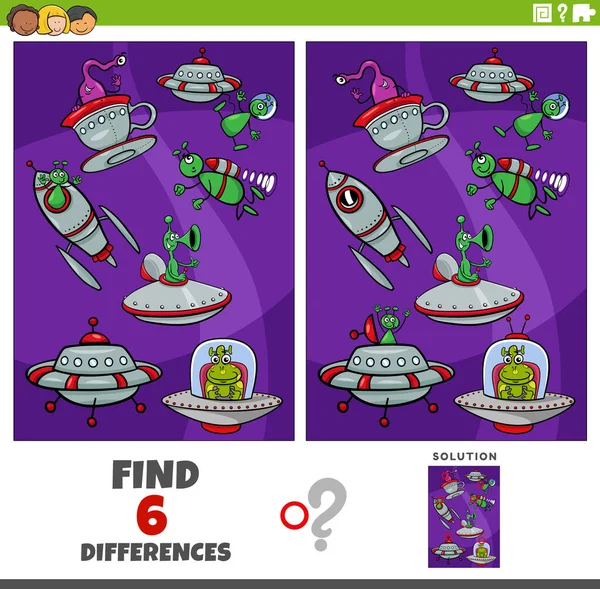 Cartoon Illustration Finding Differences Pictures Educational Game Fantasy Alien Characters - Stok Vektor