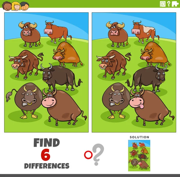 Cartoon Illustration Finding Differences Pictures Educational Game Bulls Farm Animal — ストックベクタ