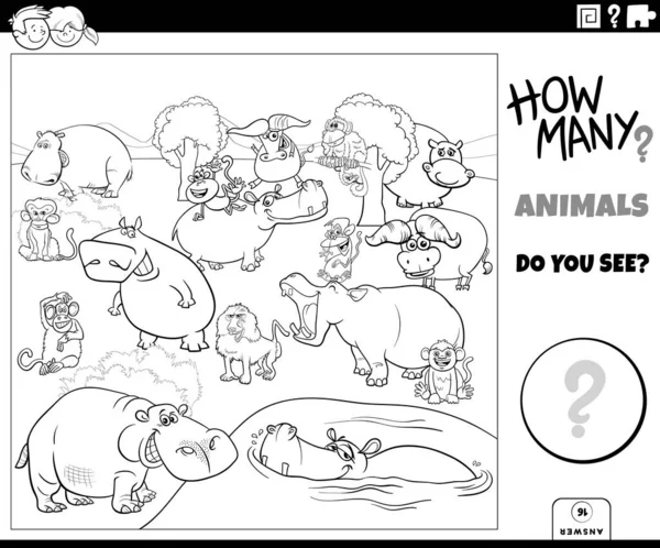 Black and white illustration of educational counting task with cartoon wild animal characters group coloring page