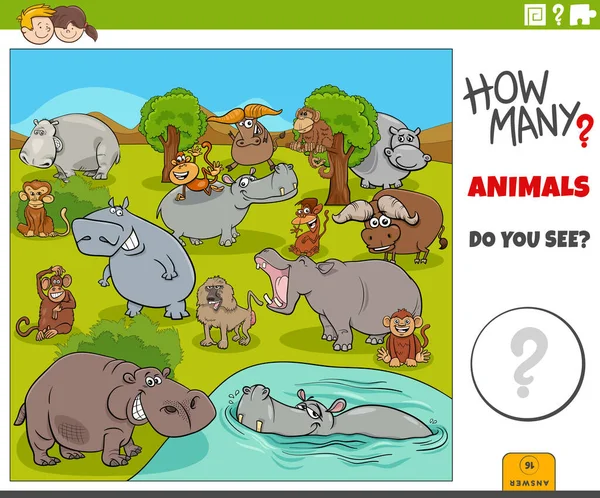 Illustration of educational counting task for children with cartoon wild animal characters group