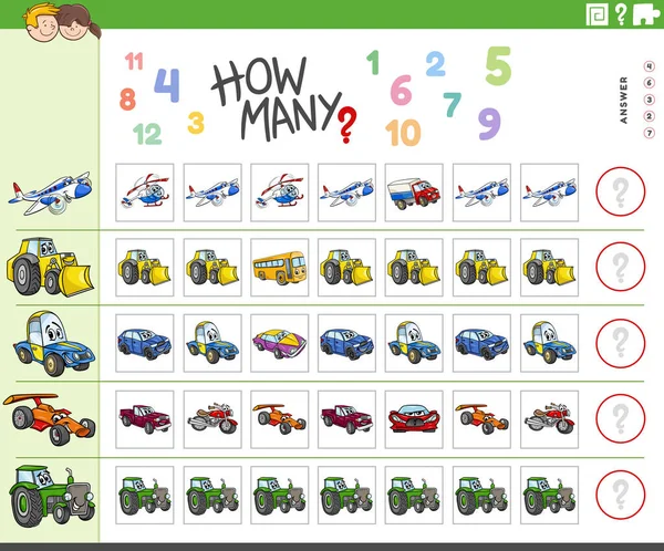 Illustration Educational Counting Game Cartoon Vehicles Characters — Image vectorielle