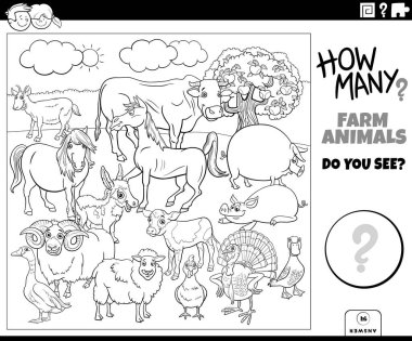 Black and white illustration of educational counting task with cartoon farm animal characters group coloring page