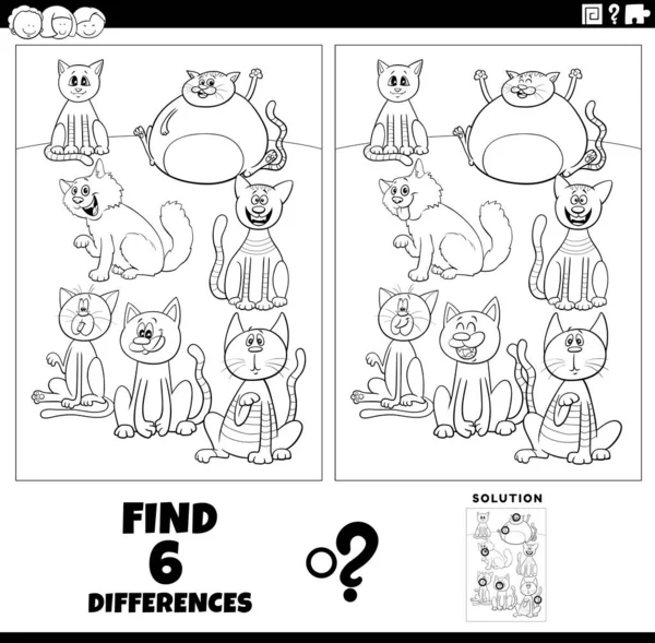 Black White Cartoon Illustration Finding Differences Pictures Educational Game Cats — Archivo Imágenes Vectoriales