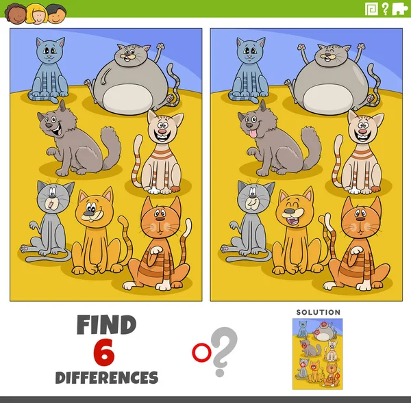 Cartoon Illustration Finding Differences Pictures Educational Game Cats Animal Characters — Archivo Imágenes Vectoriales