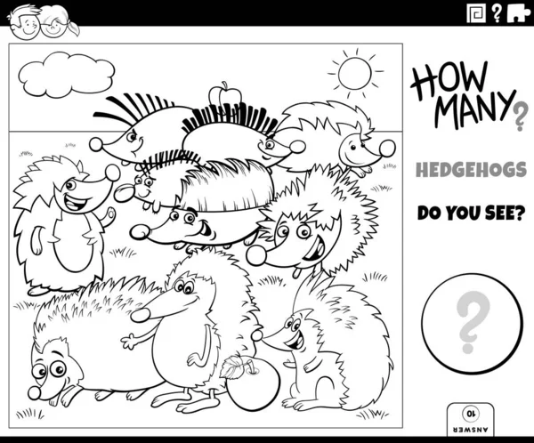 Black White Illustration Educational Counting Task Cartoon Hedgehogs Animal Characters — Vetor de Stock