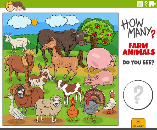 Illusztráció Oktatási Számlálási Feladat Gyerekeknek Rajzfilm Farm Állat Karakter Csoport — Stock Vector