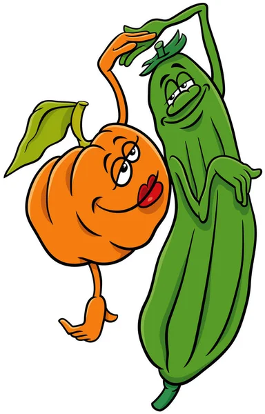 Cartoon Illustration Happy Pumpkin Cucumber Courgette Vegetables Characters Love — Stockvector