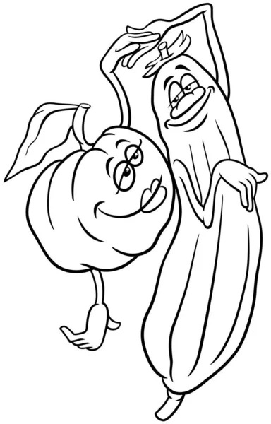 Black White Cartoon Illustration Happy Pumpkin Cucumber Courgette Vegetables Characters —  Vetores de Stock