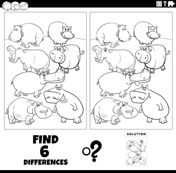 Black White Cartoon Illustration Finding Differences Pictures Educational Game Hippos Ilustración de stock