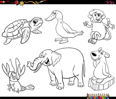 Black and white cartoon illustration of funny animals characters set coloring page