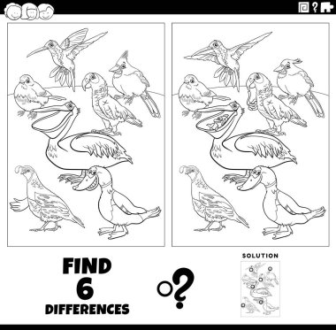 Black and white cartoon illustration of finding the differences between pictures educational game with birds animal characters coloring page