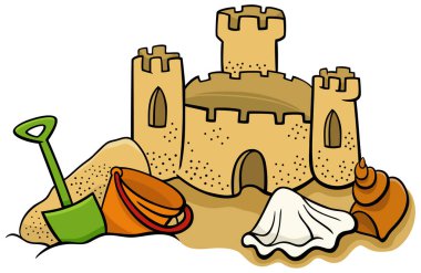 Cartoon illustration of sand castle on the beach with toys and shells