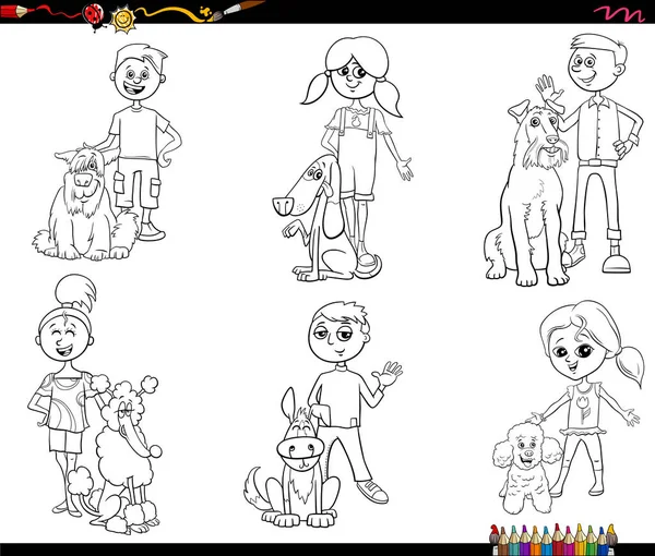 Black White Cartoon Illustration Children Teens Dogs Characters Set Coloring — Stockový vektor