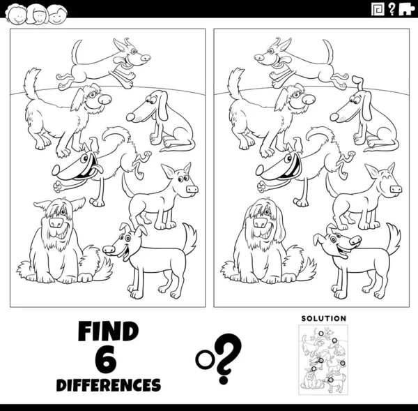 Black White Cartoon Illustration Finding Differences Pictures Educational Task Dogs — Vetor de Stock