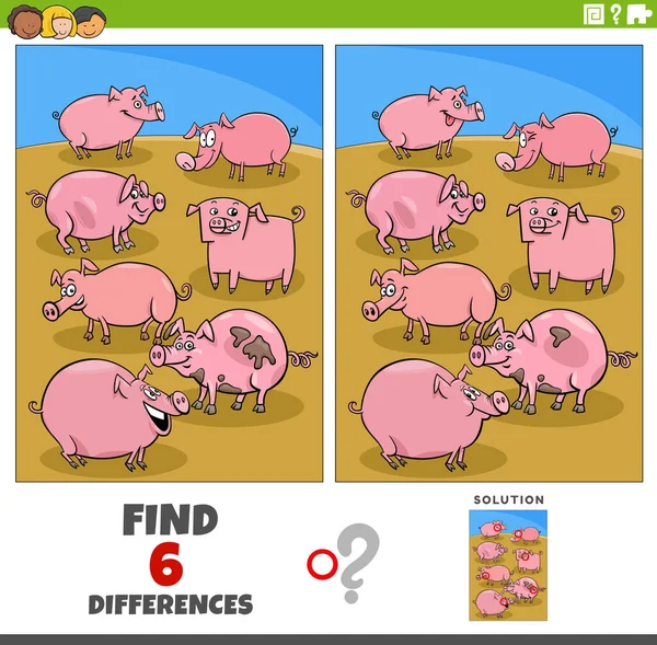 Cartoon Illustration Finding Differences Pictures Educational Game Pigs Farm Animal — Vettoriale Stock