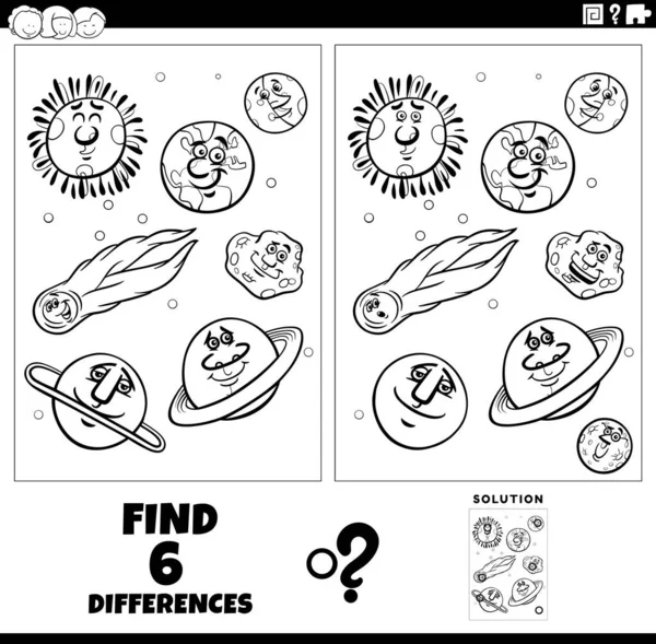 Black White Cartoon Illustration Finding Differences Pictures Educational Game Planets — Stockový vektor
