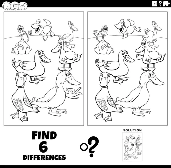 Black White Cartoon Illustration Finding Differences Pictures Educational Game Duck — Vector de stock