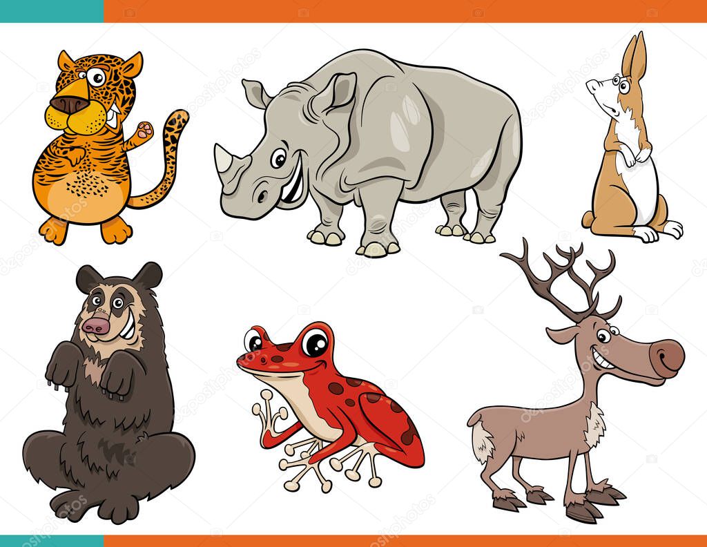 Cartoon illustration of wild animals comic characters set