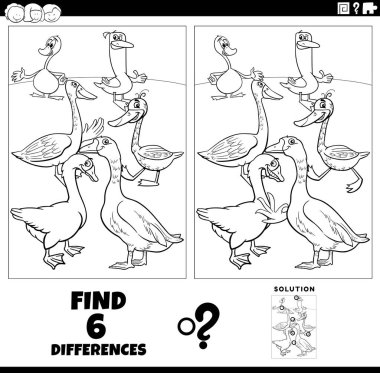 Black and white cartoon illustration of finding the differences between pictures educational game with goose birds farm animal characters coloring page