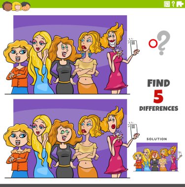 Cartoon illustration of finding the differences between pictures educational game with comic women characters group