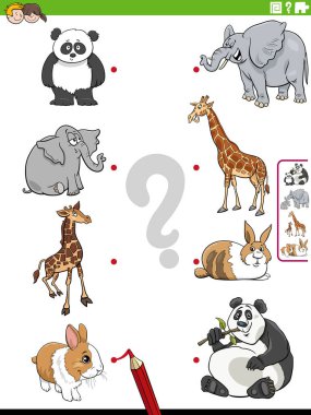 Cartoon illustration of educational matching task with animal species characters and their babies