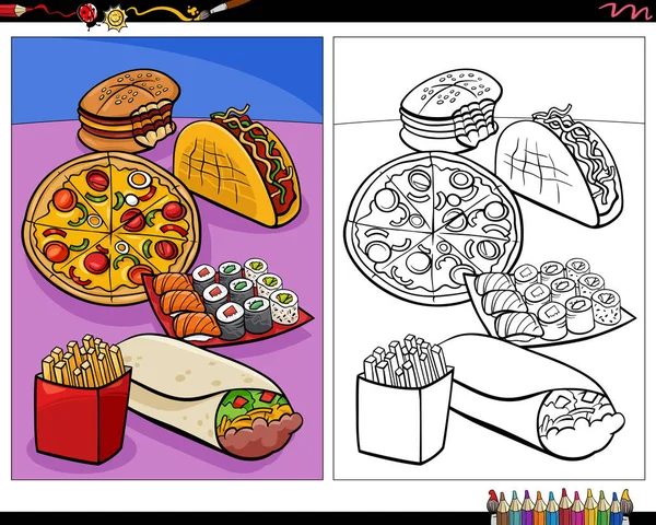 Cartoon illustration of food dishes and objects group coloring page