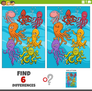 Cartoon illustration of finding the differences between pictures educational game with octopus sea animal characters