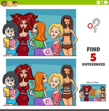 Cartoon illustration of finding the differences between pictures educational game with comic woman characters group
