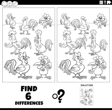 Black and white cartoon illustration of finding the differences between pictures educational game with rooster birds farm animal characters coloring page