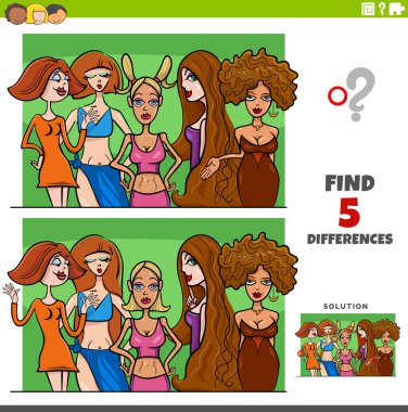Cartoon illustration of finding the differences between pictures educational game with comic women group