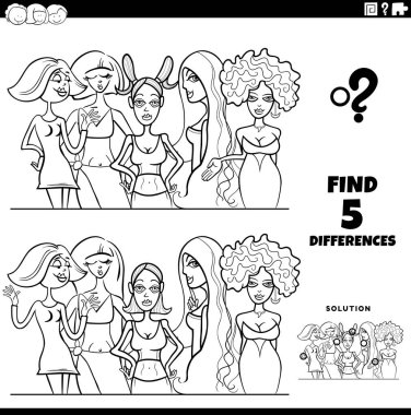 Black and white cartoon illustration of finding the differences between pictures educational game with comic women group coloring page